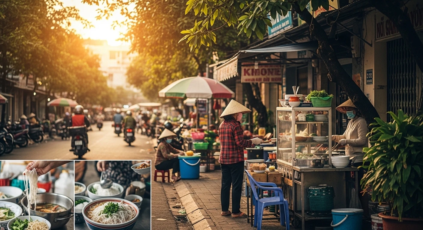 A busy street scene in Da Nang, with local vendors and a glimpse of a food stall