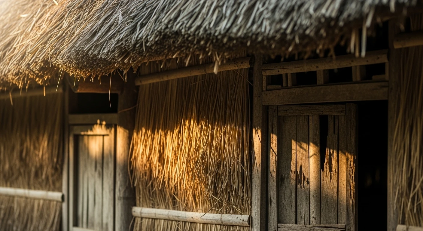 A close-up of a rustic, traditional Vietnamese thatched-roof house in a rural setting.