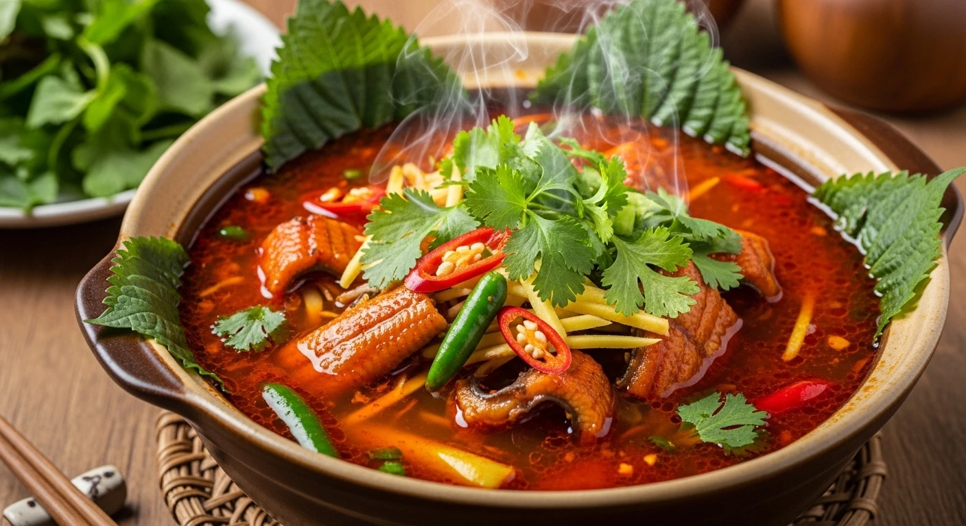 A vibrant bowl of Vietnamese eel soup (Canh Ca Nau Nuong) with visible chilies, herbs, and tender eel pieces.
