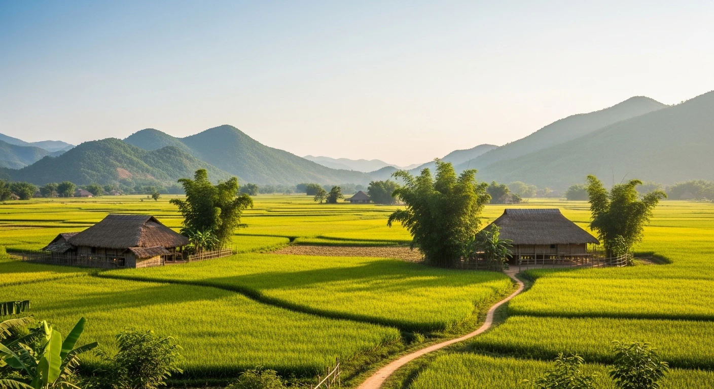 A wide shot of a serene rural landscape in Vietnam, featuring rice paddies and traditional houses under a soft light.