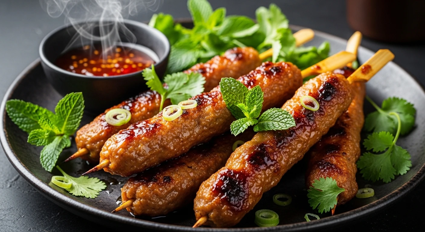 Close-up of crispy grilled Nem Nuong skewers being prepared with fresh herbs and dipping sauce