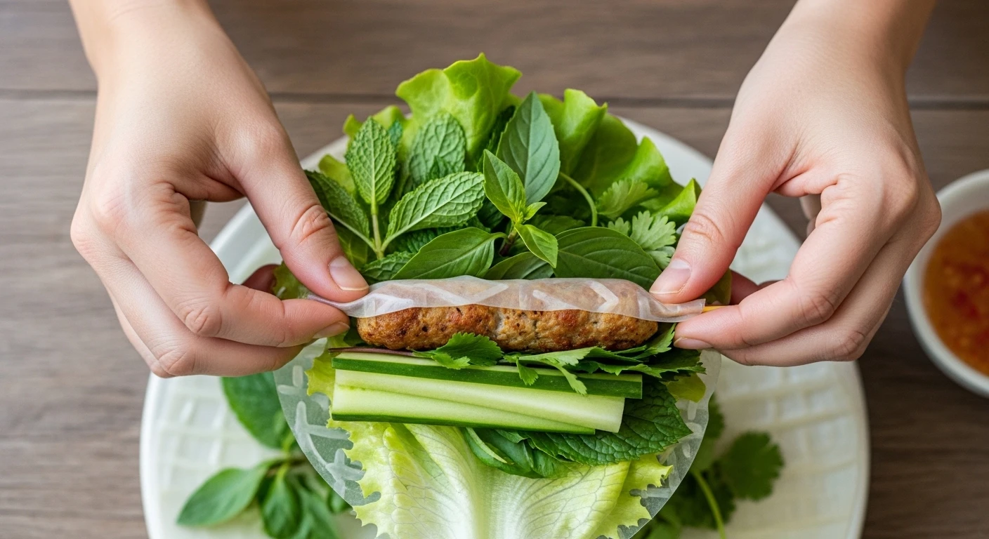 A person's hands carefully rolling Nem Nuong with fresh herbs and rice paper on a plate