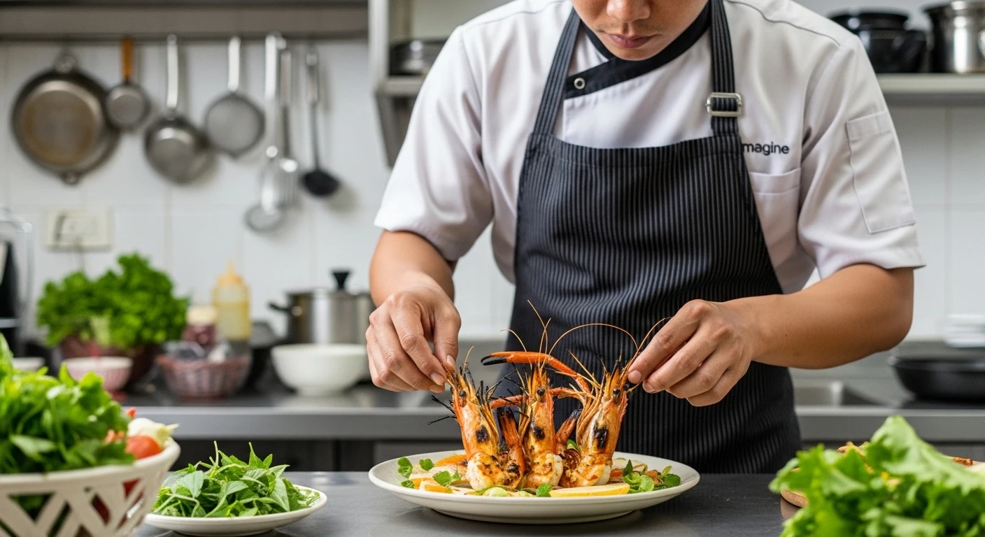 A local Vietnamese chef skillfully preparing fresh seafood dishes with aromatic herbs