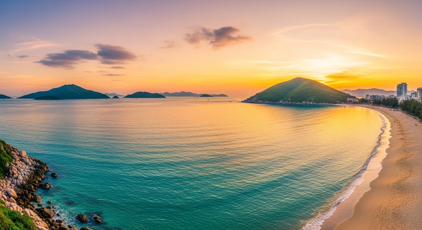 A panoramic view of Nha Trang beach with clear blue water and lush green islands in the distance