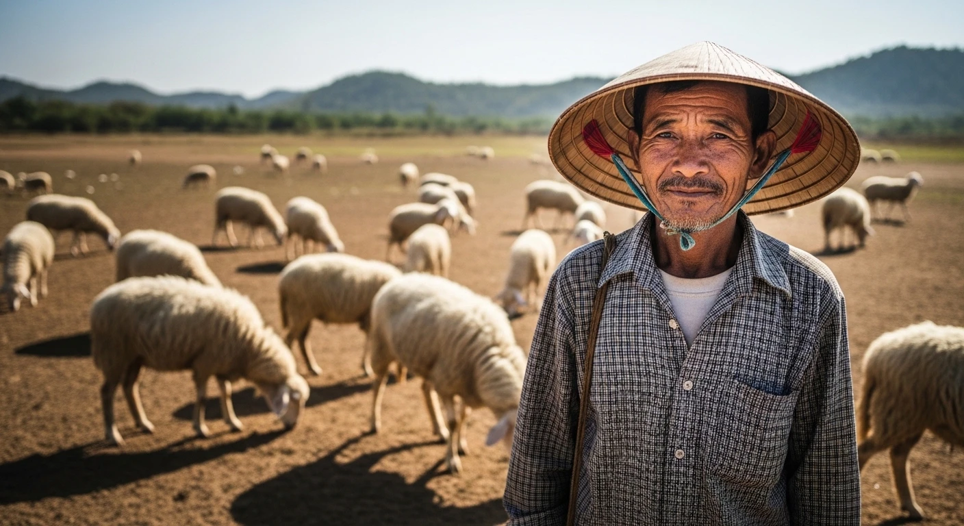 A shepherd guiding a large flock of sheep across a dusty, sun-drenched plain in Ninh Thuan