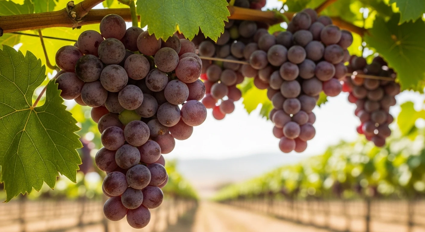 Close-up of ripe Ninh Thuan grapes hanging from a vine, with vineyards stretching into the background