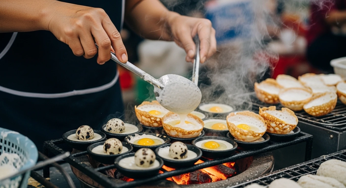 A vendor making Banh Can on a charcoal brazier, with crispy quail-egg cakes ready to be served