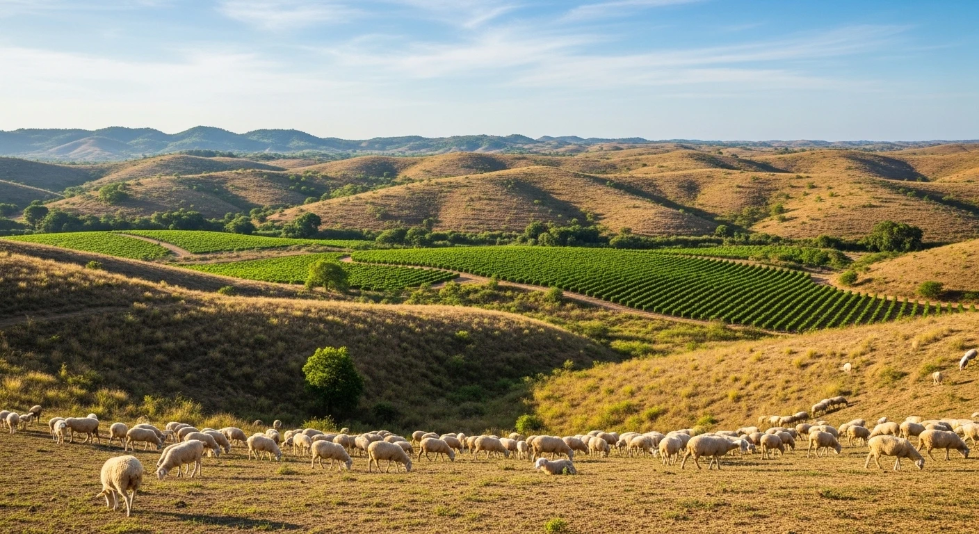 A panoramic view of rolling hills with scattered grapevines and a flock of sheep in Ninh Thuan