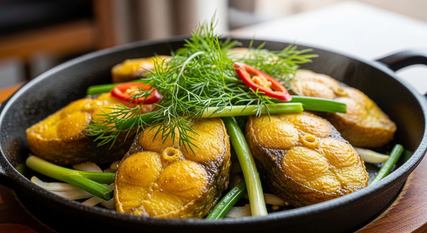 A close-up of Hanoi's cha ca la vong dish, showing grilled fish, dill, and spring onions
