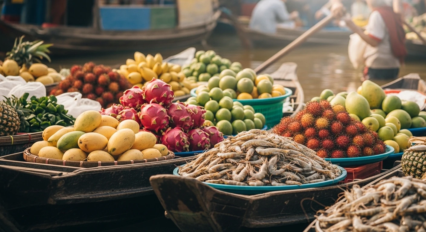 A vibrant Mekong Delta floating market with various tropical fruits and fresh seafood, including shrimp