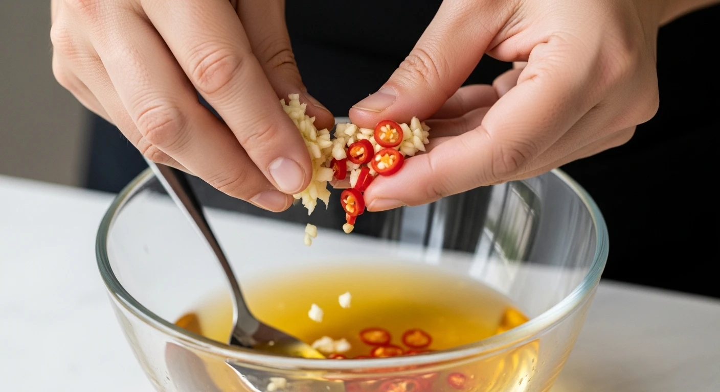 Close-up of minced garlic and chili being added to a bowl of Nuoc Cham base