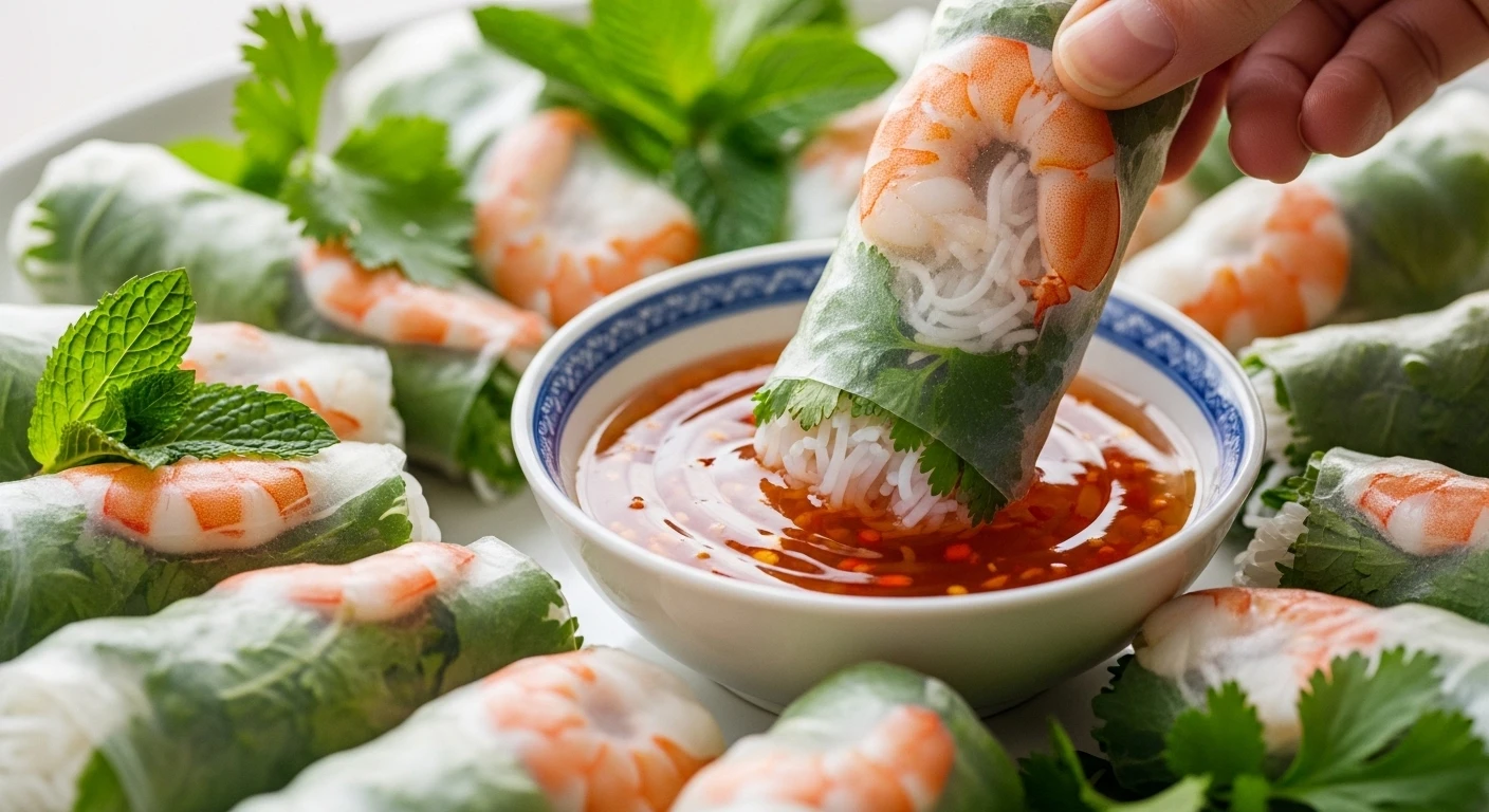 Fresh spring rolls (Goi Cuon) being dipped into a bowl of Nuoc Cham