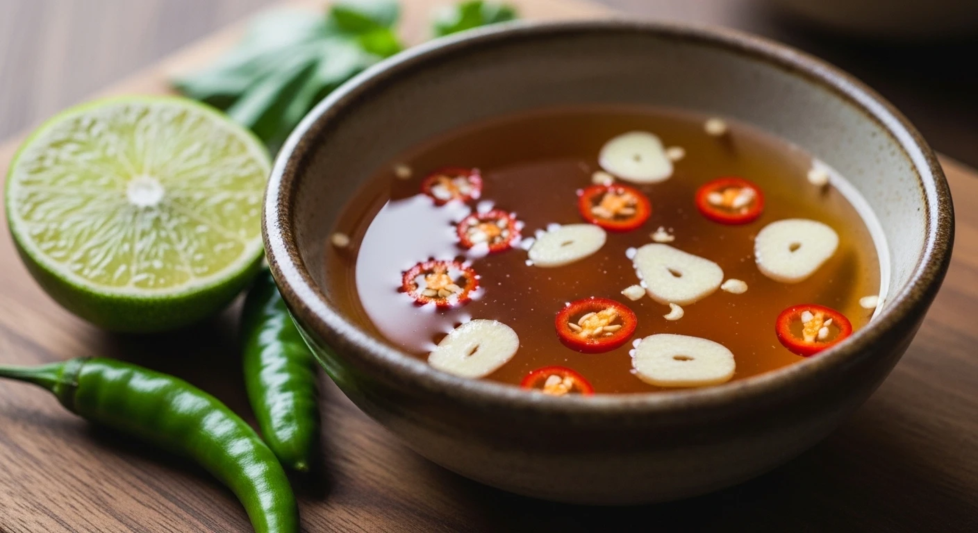 A small bowl of Nuoc Cham dipping sauce with fresh chilies and lime on the side