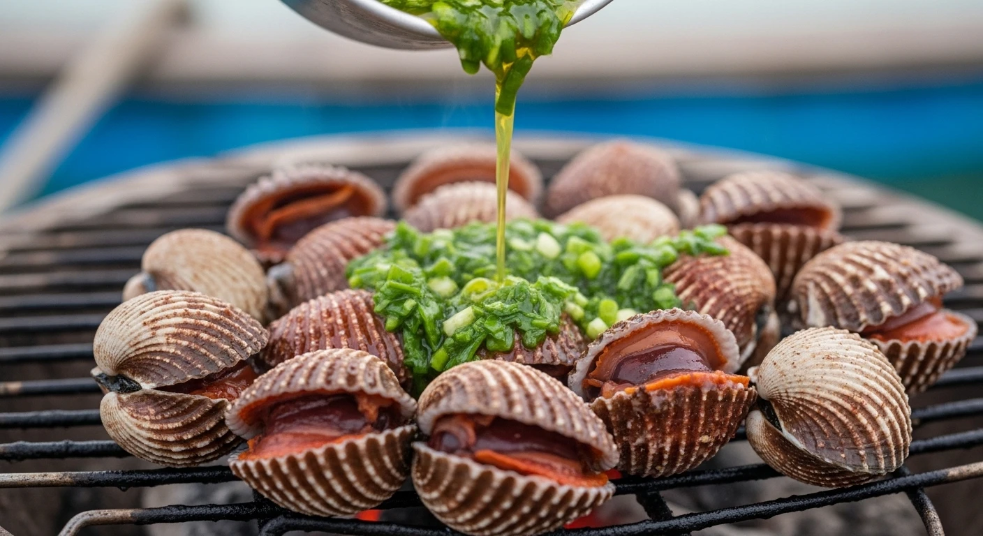 A close-up of glistening blood cockles (so huyet) on a grill, with scallion oil being drizzled over them