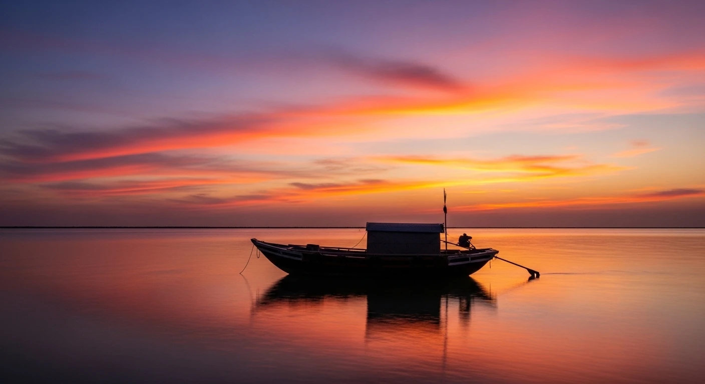 A traditional Vietnamese bamboo boat navigating the calm waters of O Loan Lagoon at sunset