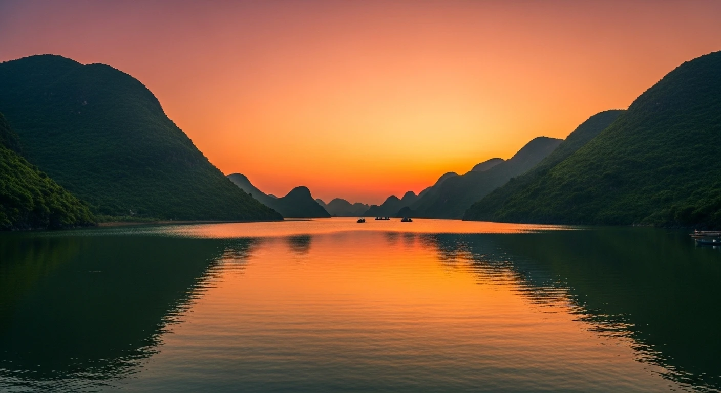 A panoramic view of O Loan Lagoon at sunset, with rolling hills in the background and the calm water reflecting the colorful sky