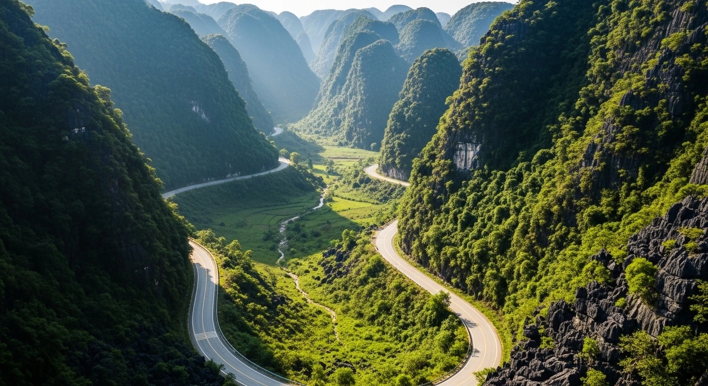 A winding road through the mountainous landscape of Cao Bang province, Vietnam