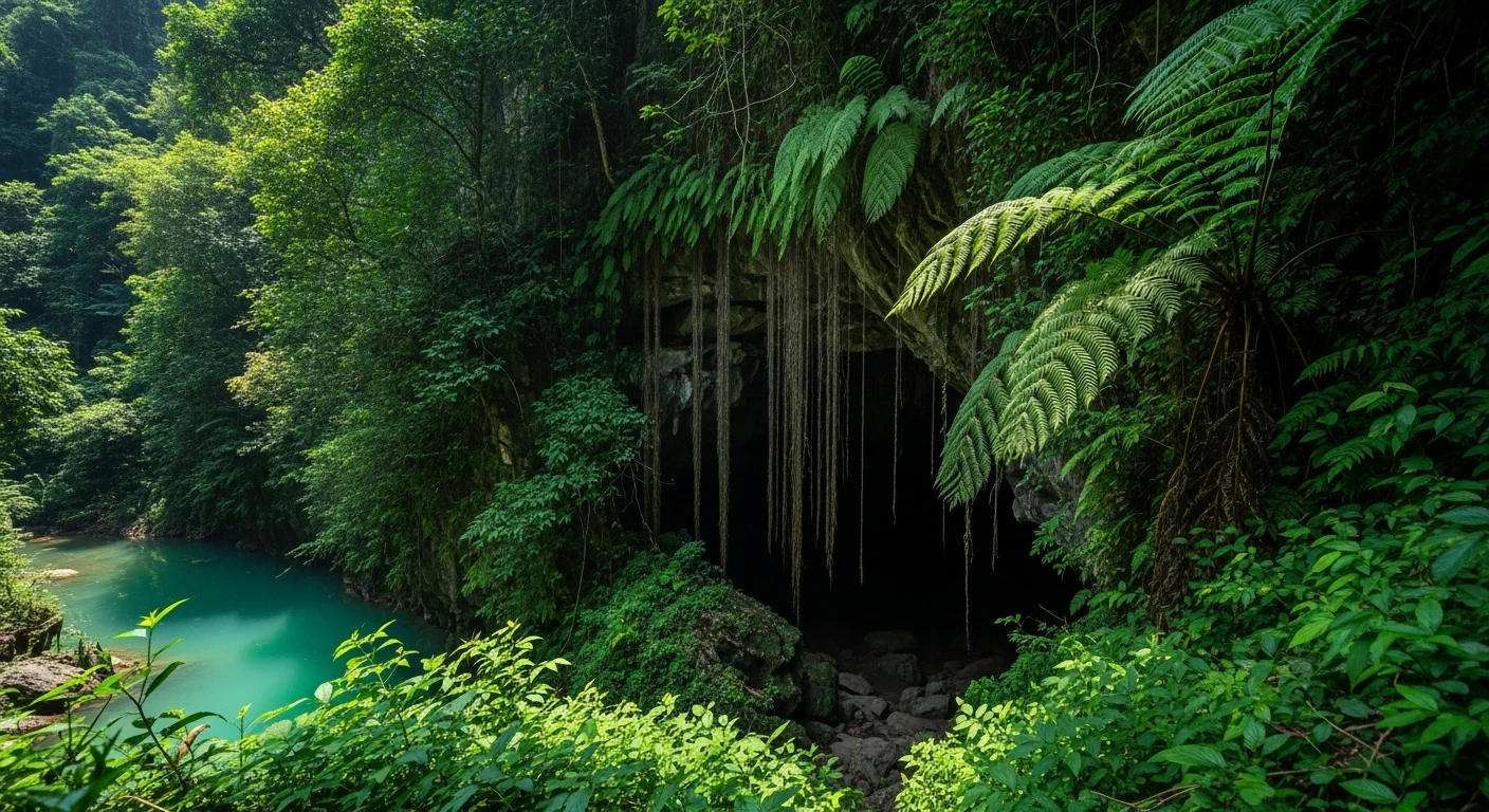 The entrance of Pac Bo Cave, partially obscured by jungle foliage, with a glimpse of the turquoise Lenin Stream nearby