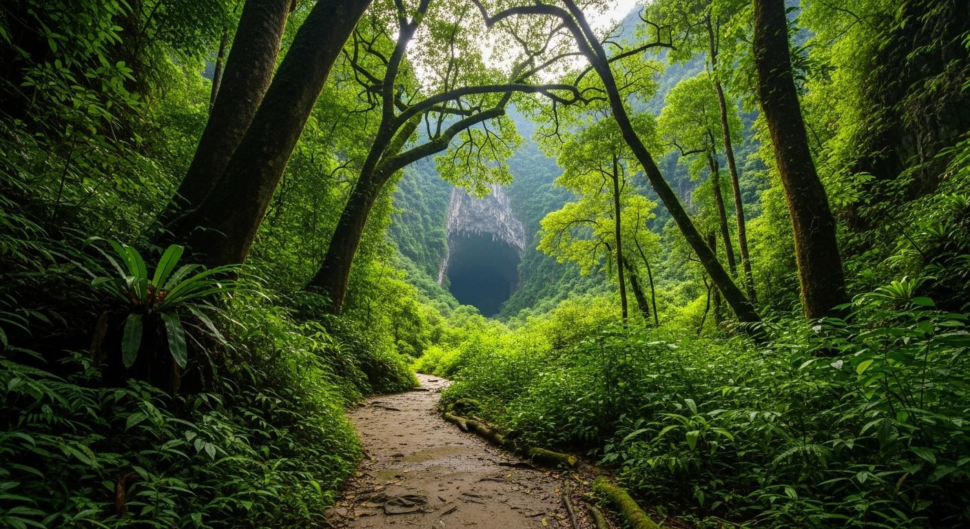 A jungle path leading towards the entrance of Paradise Cave