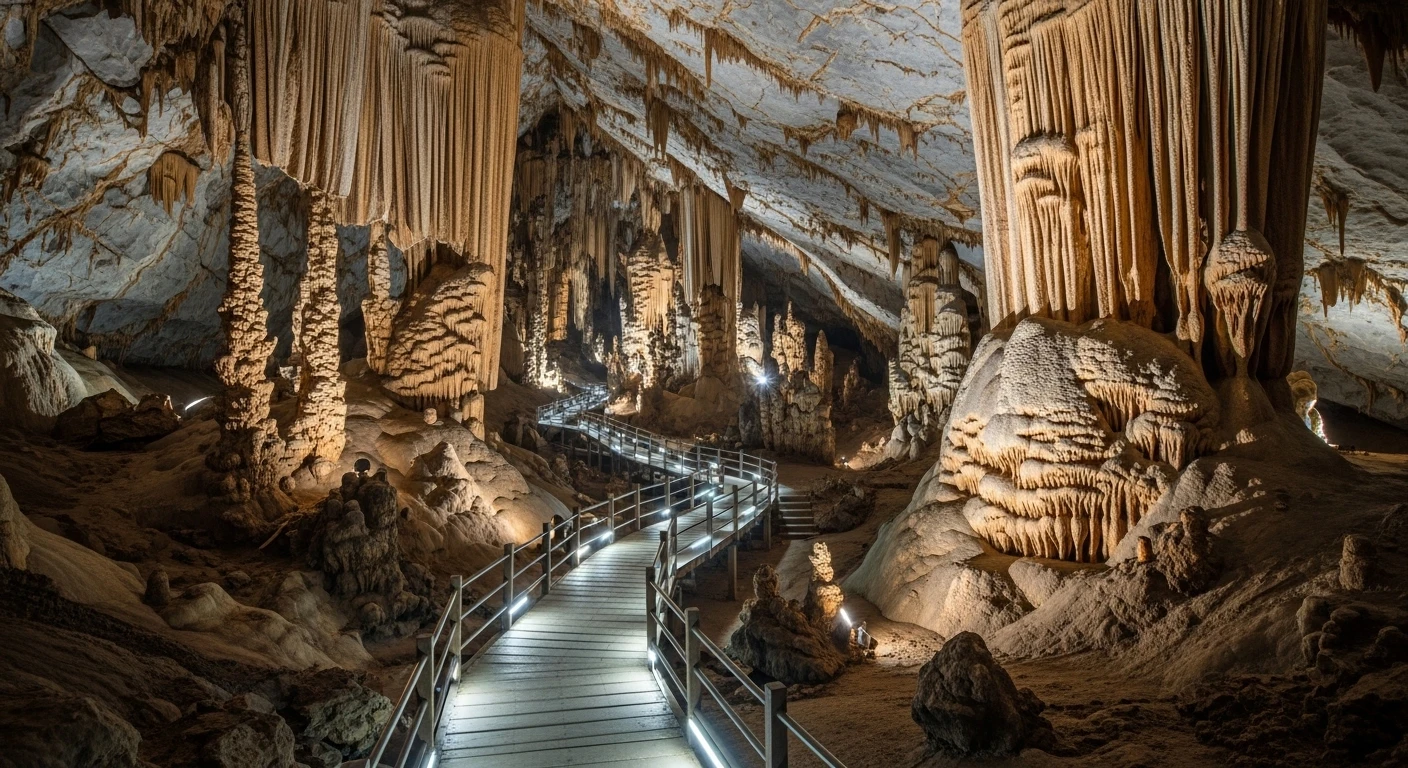 The illuminated wooden boardwalk inside Paradise Cave, Phong Nha
