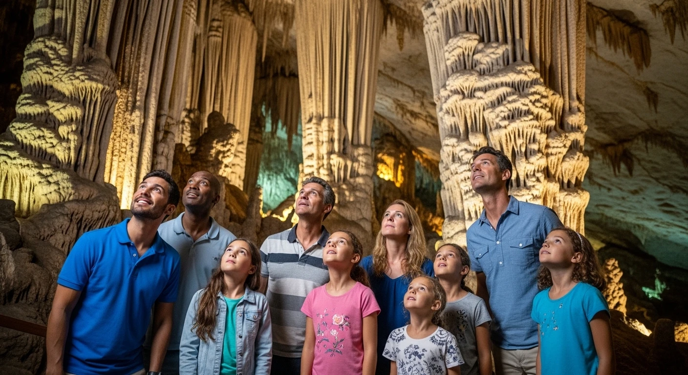A family looking up at the colossal formations inside Paradise Cave