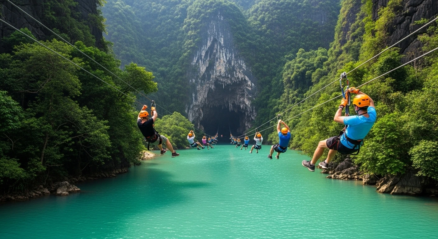 People zip-lining over a turquoise river towards the entrance of Dark Cave