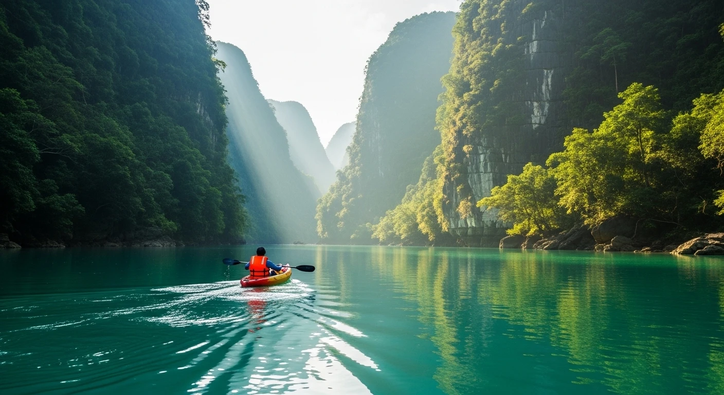 Kayakers paddling on the turquoise Chay River, with lush green jungle and limestone karsts in the background