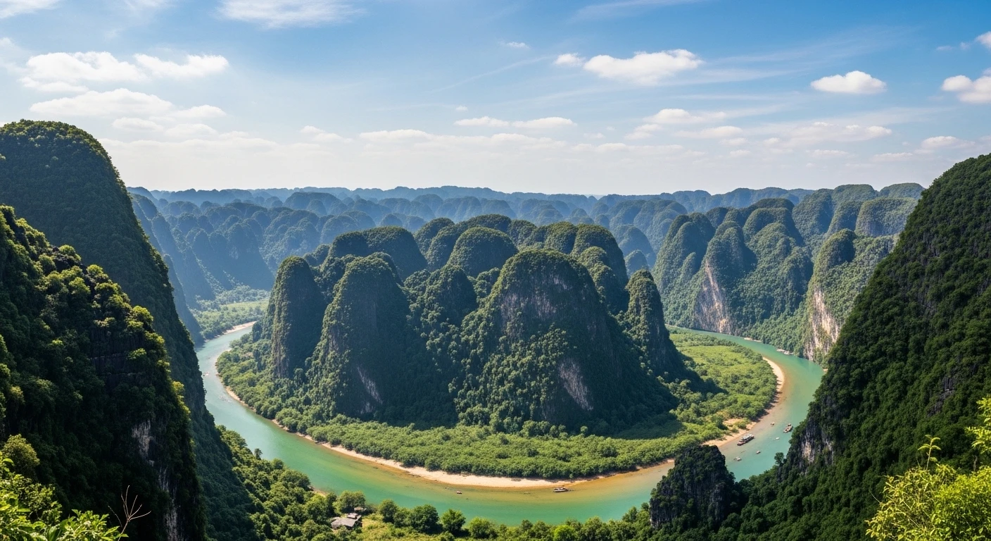 A panoramic view of Phong Nha-Ke Bang National Park with lush green mountains and a winding river