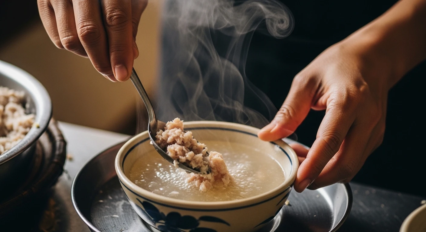 A close-up of a hand stirring raw minced fish into a simmering broth for Bun Quay noodles