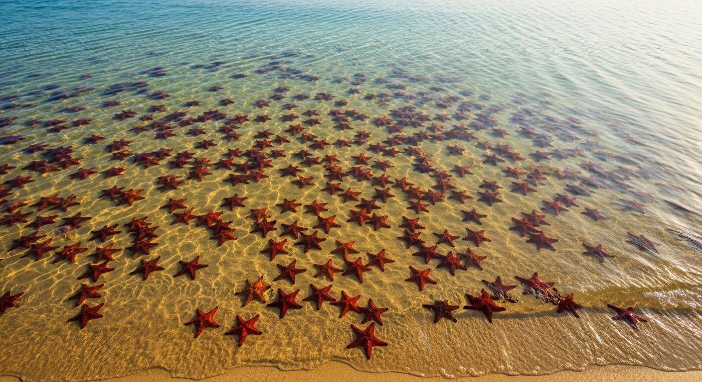 Vibrant red starfish scattered across a pristine sandy beach in Phu Quoc