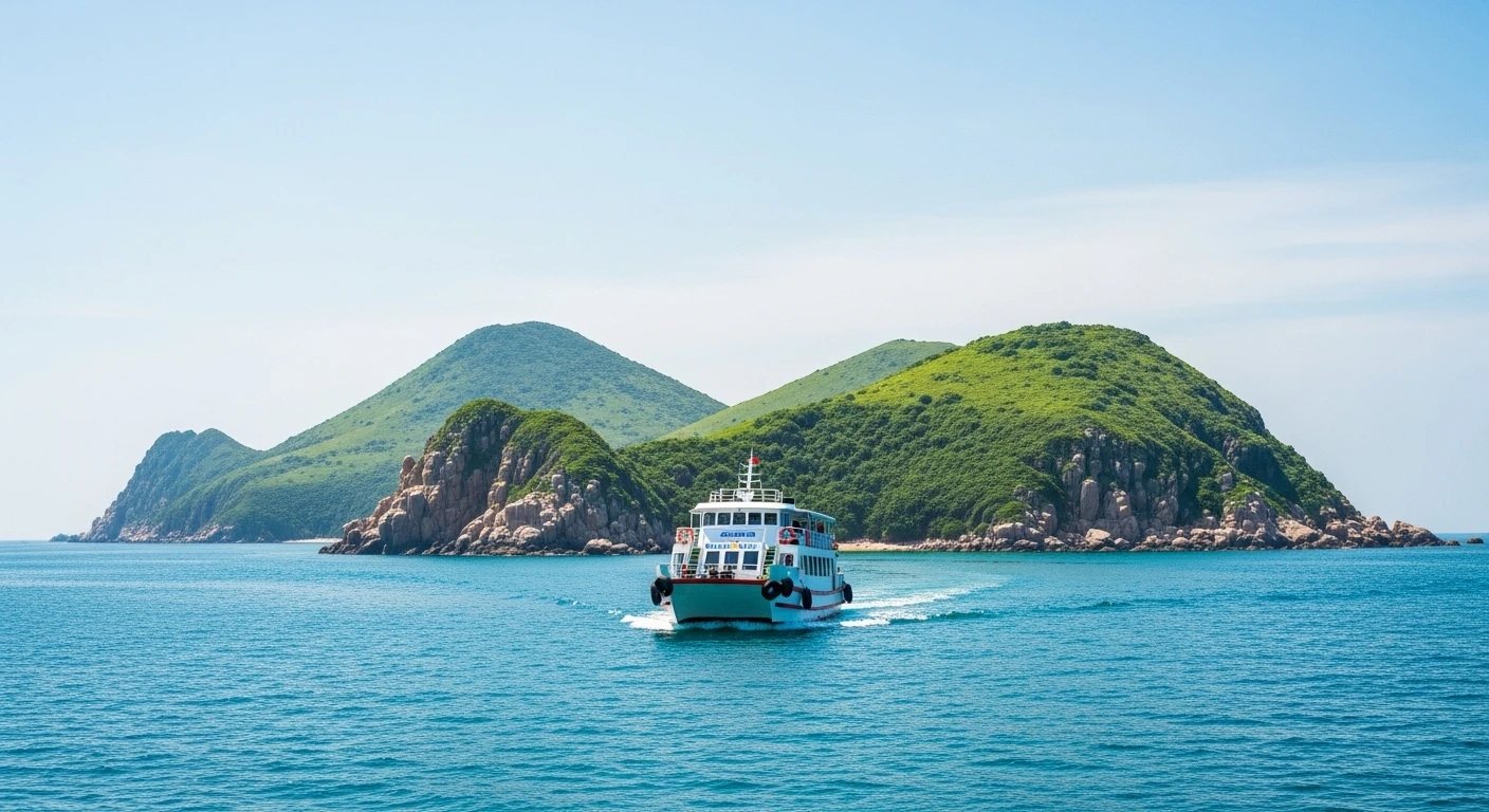 A ferry boat approaching Phu Quy Island, with its distinctive coastline visible.