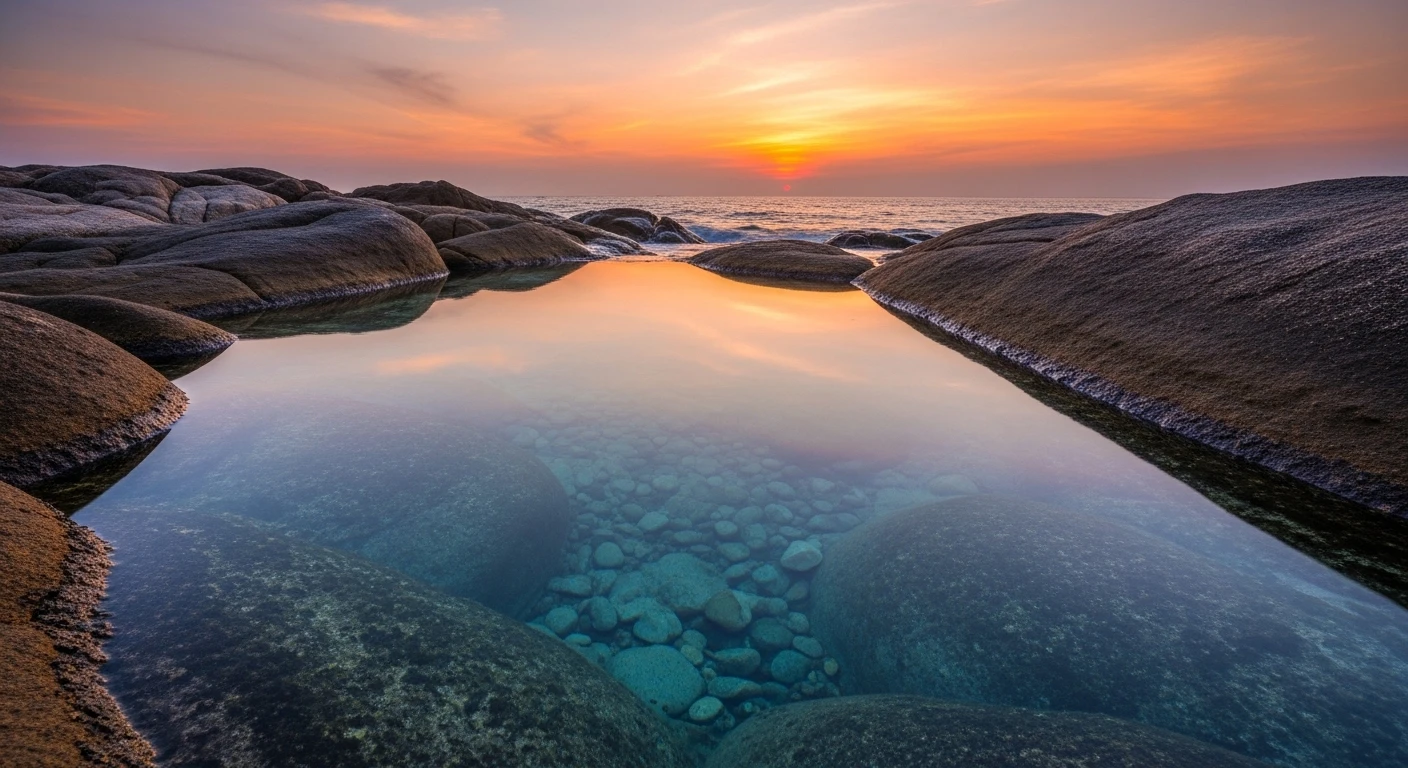 The natural rock infinity pool on Phu Quy Island at sunset, with calm water reflecting the sky.
