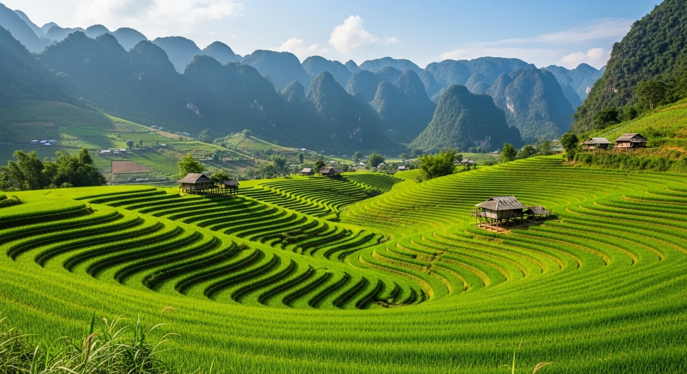 Panoramic view of lush green rice terraces in Pu Luong with traditional stilt houses and limestone mountains in the background