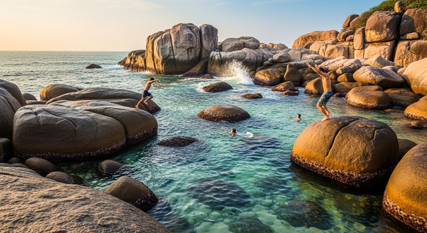 People jumping from rocks into the sea at Da Nhay Beach, Quang Binh