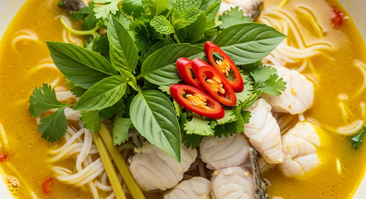 A close-up of a steaming bowl of Chao Canh snakehead fish noodles with fresh herbs