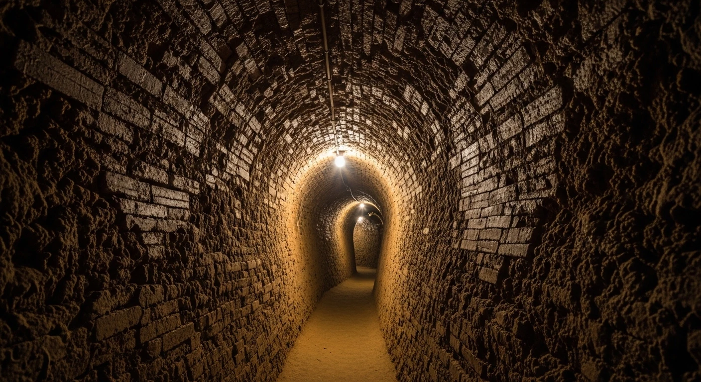 Inside the narrow, damp Vinh Moc tunnels, showing the curved walls and low ceiling
