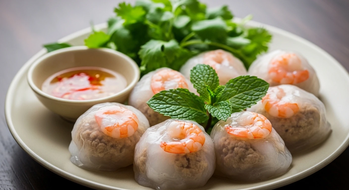 A close-up of Banh Bot Loc dumplings, showing their translucent appearance filled with shrimp and pork