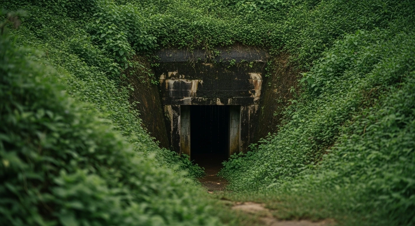 Entrance to the Vinh Moc tunnels, showing a bunker-like opening in the ground with vegetation