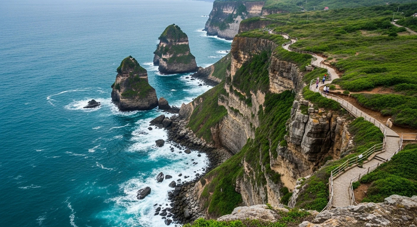 Dramatic cliffs and winding pathways at Eo Gio, with waves crashing below