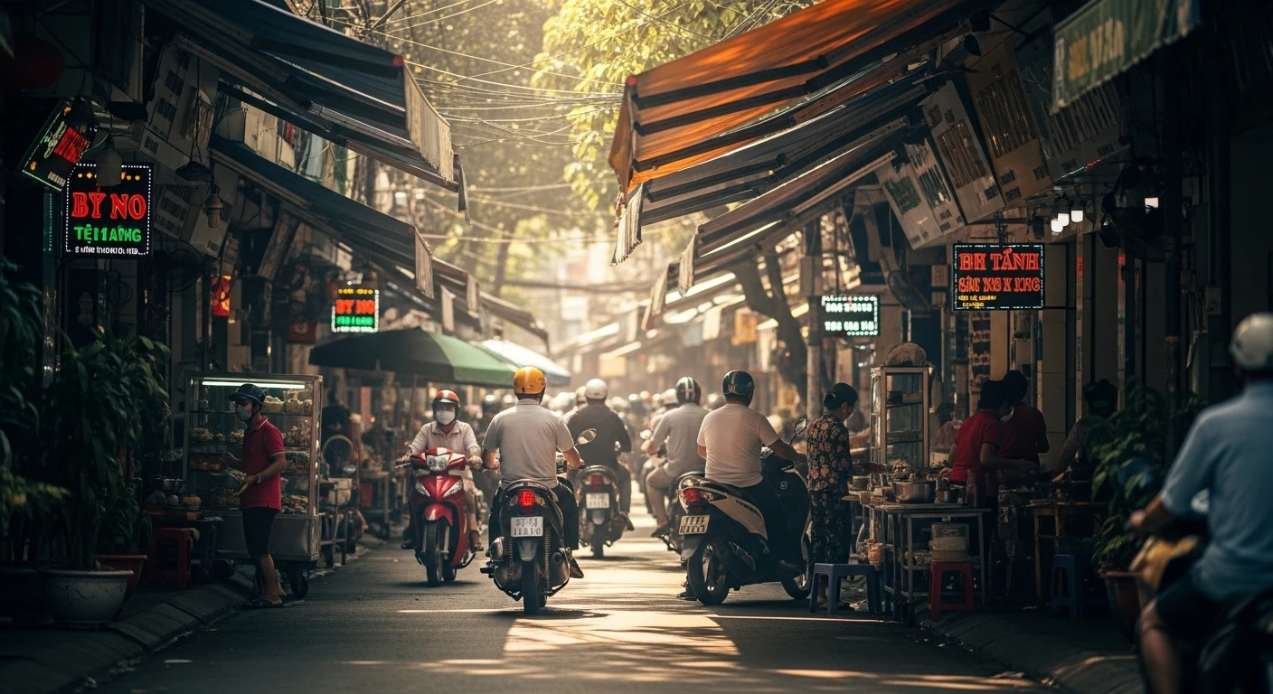 A bustling street scene in Quy Nhon city with motorbikes and local shops