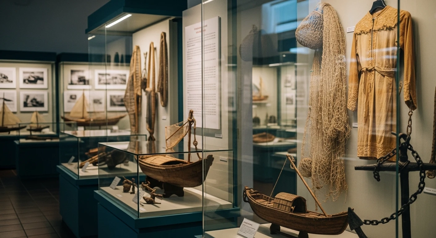 Interior of Kien Giang Museum showcasing artifacts related to local fishing and culture