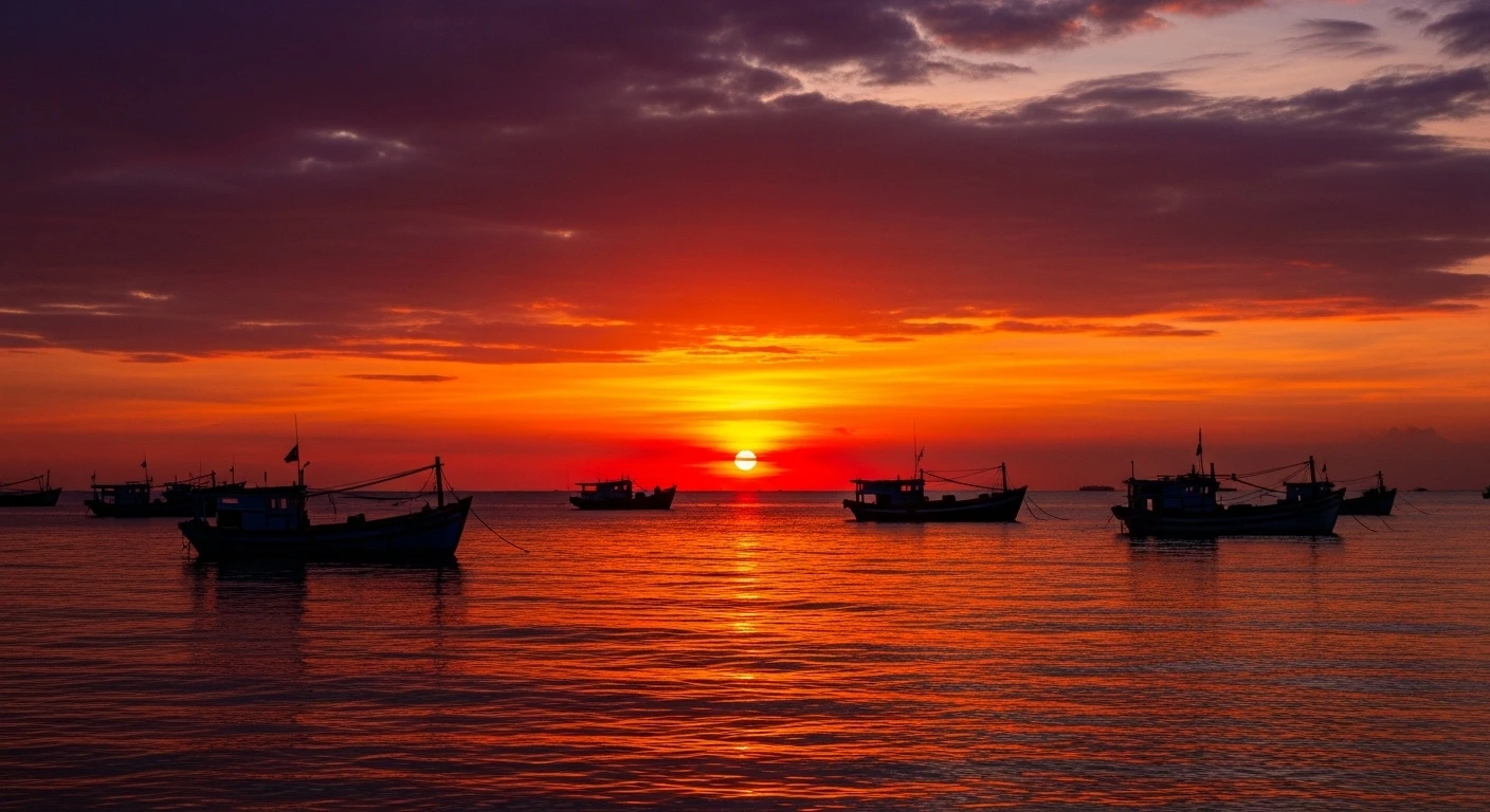 Dramatic sunset over the Gulf of Thailand seen from Rach Gia waterfront, with vibrant orange and purple hues