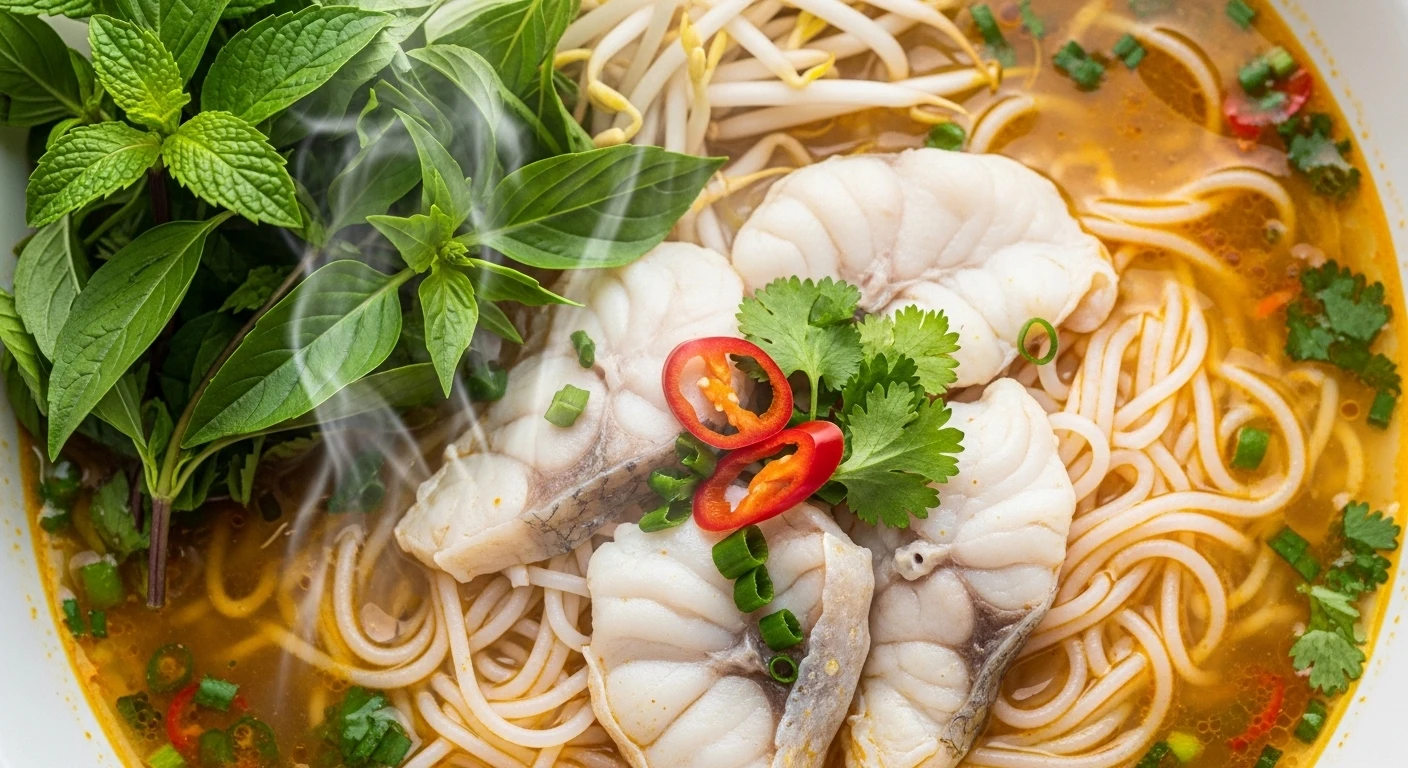 Close-up of a steaming bowl of Bun Ca with fresh fish pieces, herbs, and rice noodles