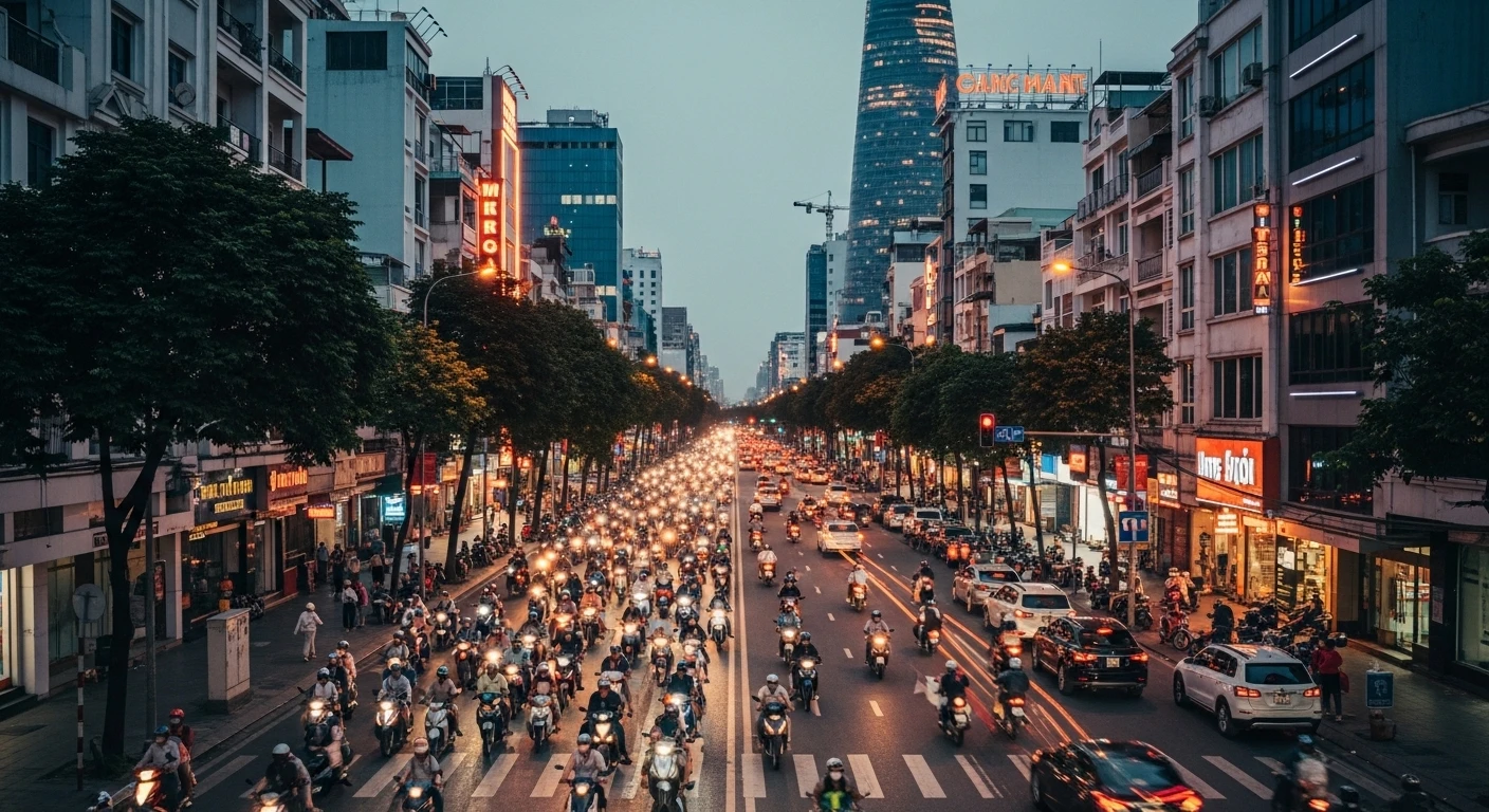 A bustling street scene in Ho Chi Minh City (Saigon) at dusk, with motorbikes and neon lights