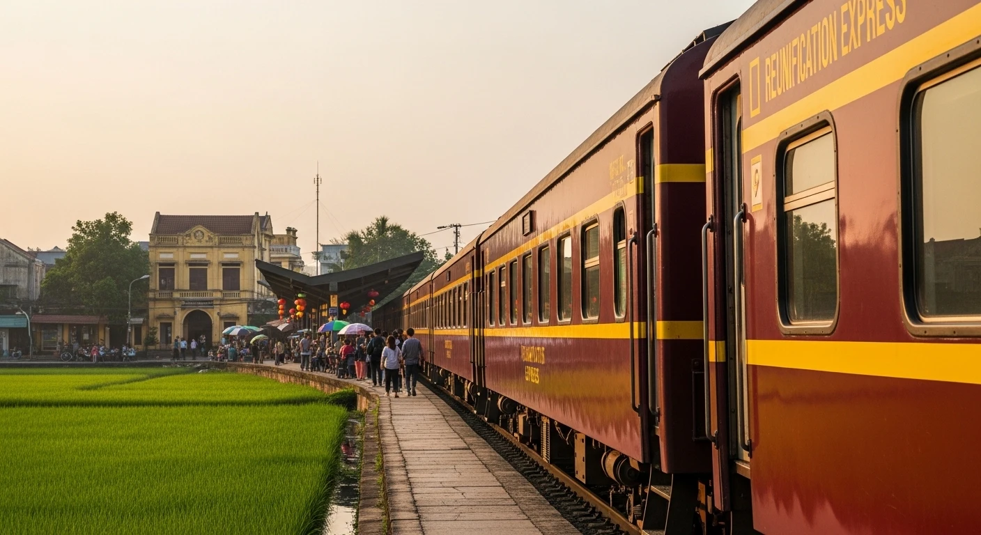 The Reunification Express train at a station in Vietnam, with a vibrant green landscape in the background