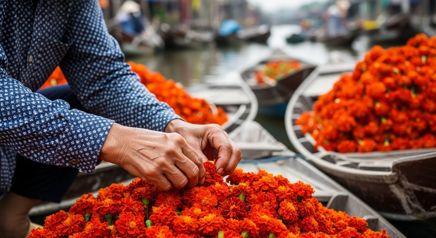 Close-up of bright red marigolds being tended by a farmer on a boat in Sa Dec.