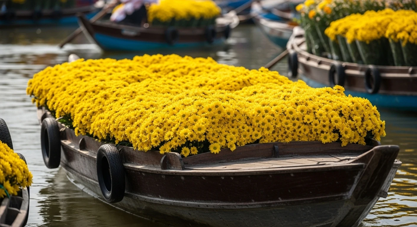 A farmer's boat overflowing with yellow chrysanthemums in Sa Dec, ready for Tet.