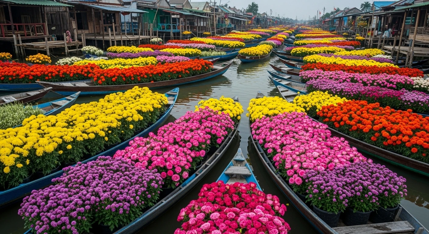 A panoramic view of Sa Dec Flower Village canals filled with diverse colored flowers and boats.