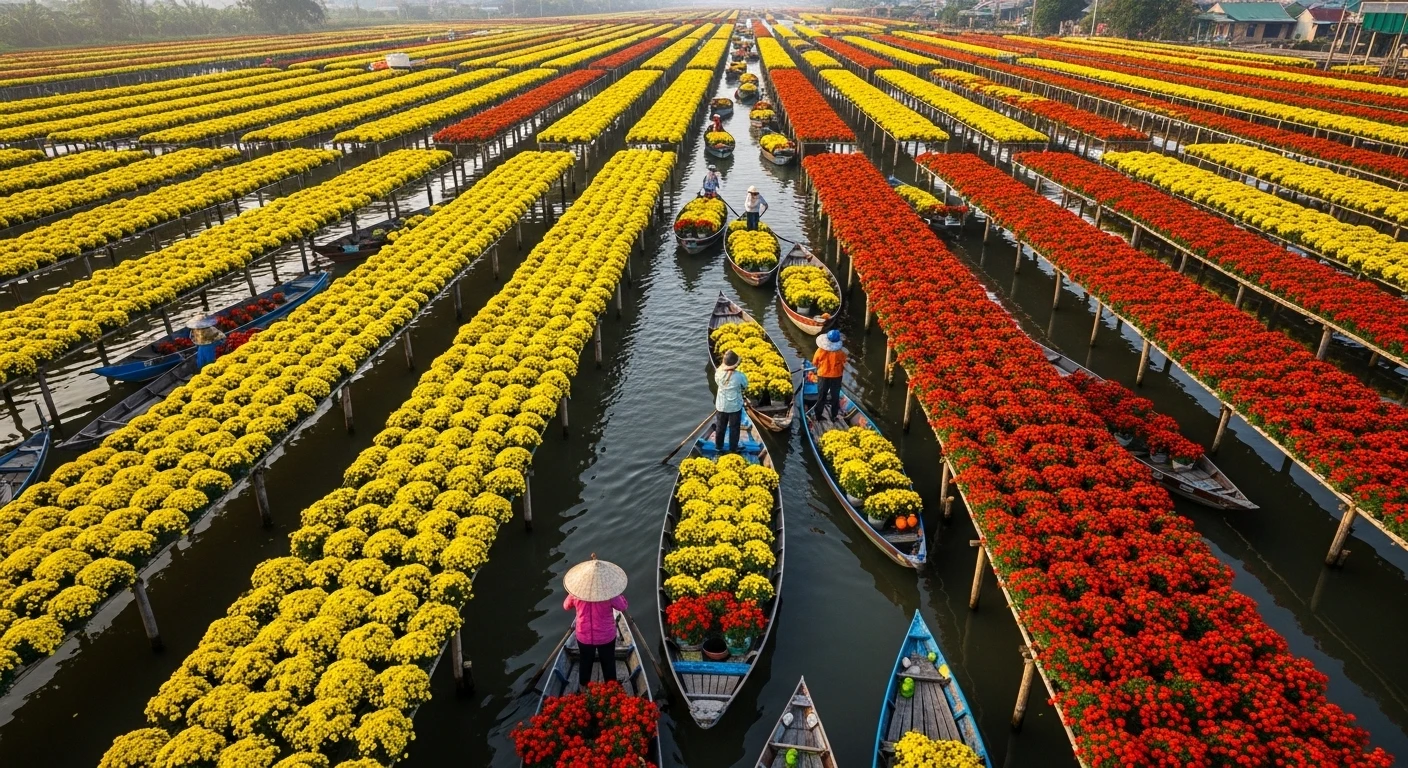 A wide shot of Sa Dec Flower Village during Tet preparation, with boats loaded with yellow Chrysanthemums on a canal.