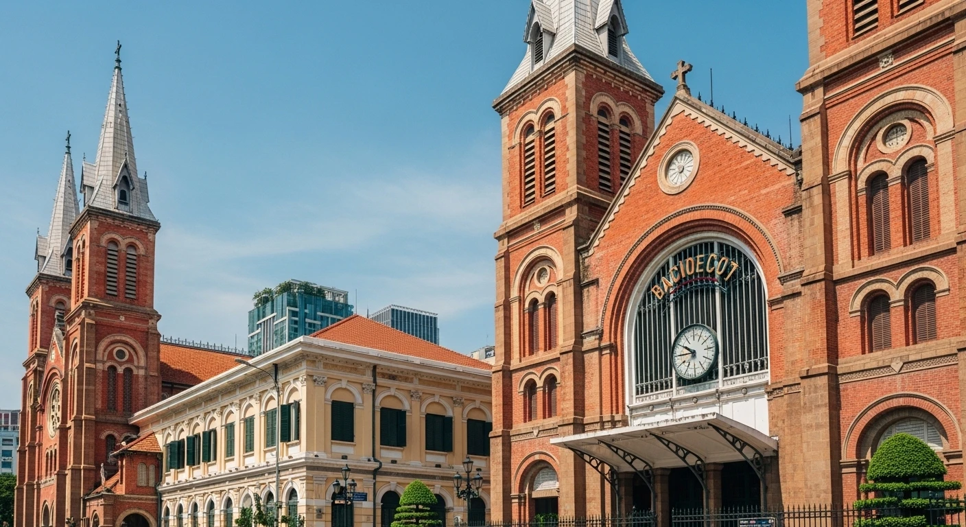 A wide shot of Notre Dame Cathedral and the Central Post Office in Saigon under a sunny sky.